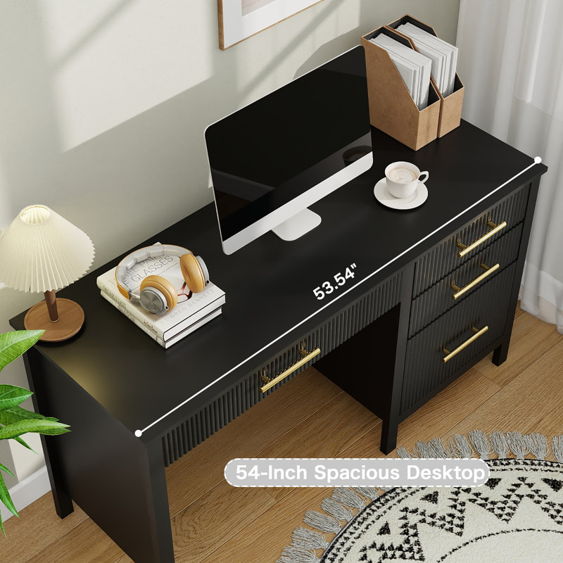 Modern Executive Desk with File Drawers, Wood Home Office Desk with Storage Drawers, Black