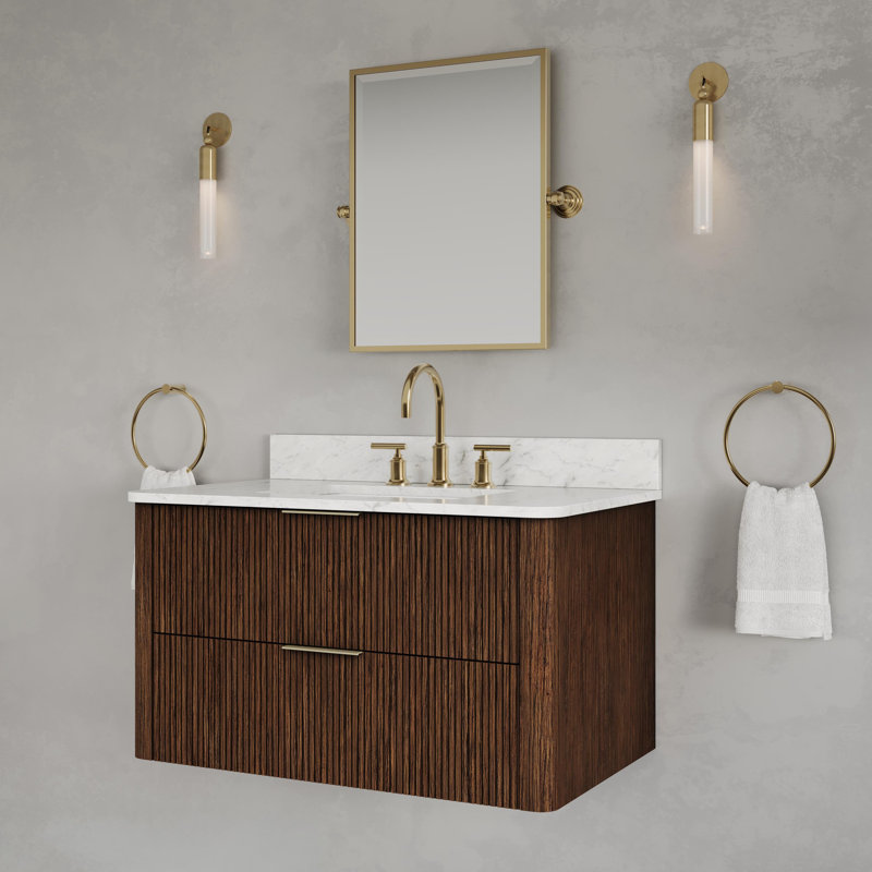 Clapp Single Rectangle Sink Floating Bathroom Vanity with Cultured Marble Top in Truffle Oak, 36"