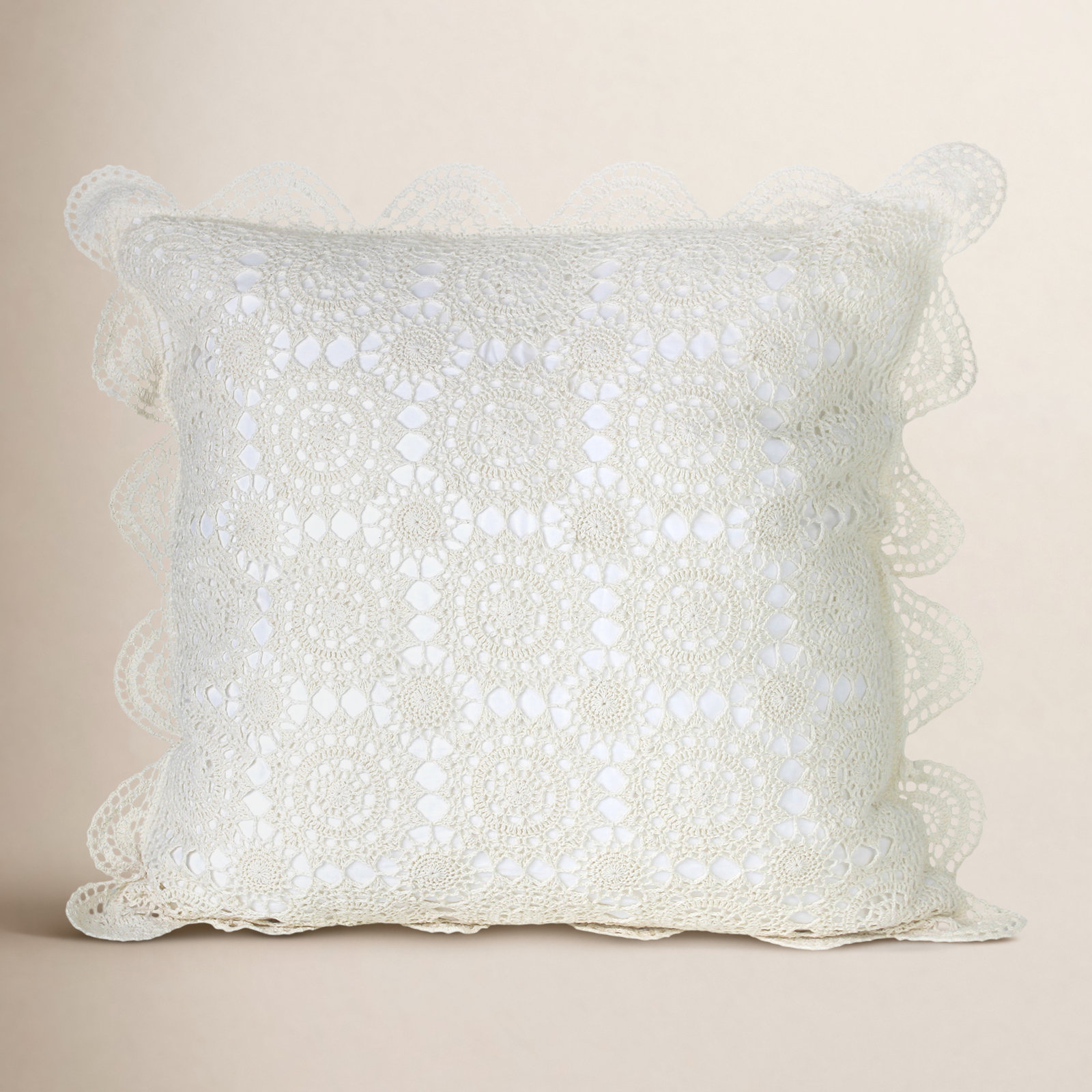 Handmade Cotton Crochet Sham and Pillowcases, Euro, Ivory