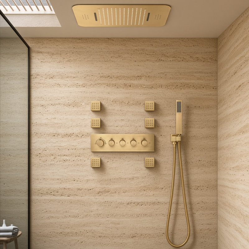 Thermostatic All-In-One Kit with Rough in-Valve, Brushed Gold