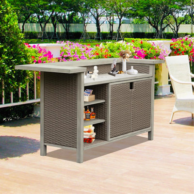 Patio Bar Table, Outdoor Aluminum PE Wicker Bar Cart With Cabinet, All Weather Use Storage Patio Cabinet For Patio Kitchen Or Bar Cart, Wood Grain