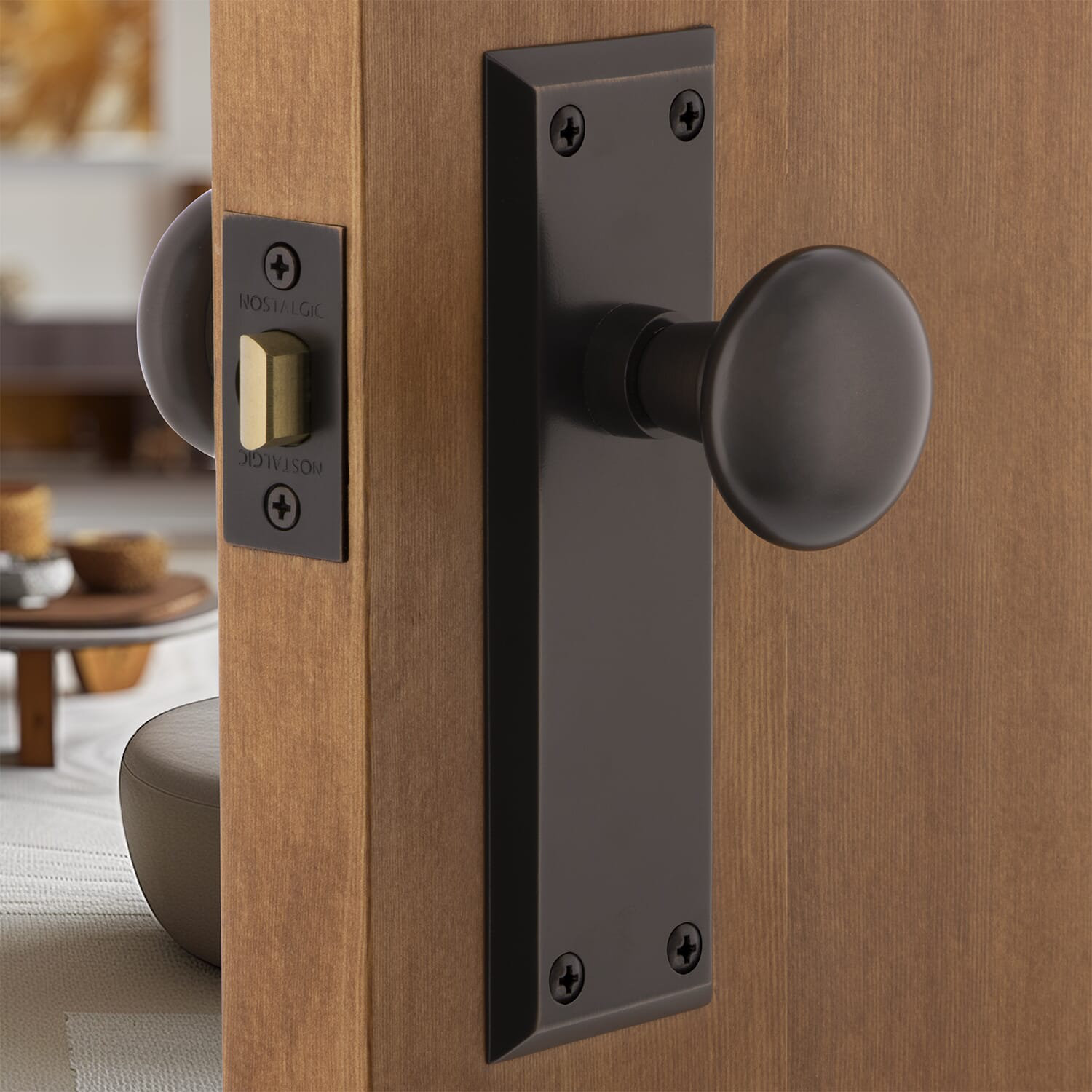 New York Door Knob with Plate, 2-3/4”, Timeless Bronze