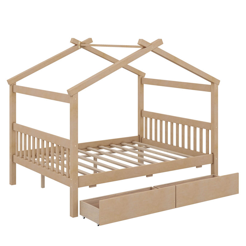 Wooden House Bed With Drawers, Full, Natural