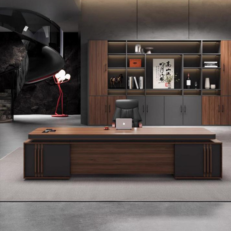 Bureau de 94,49 po moderne en forme de L avec panneau de particules de couleur noyer, H 29,53 po x l 94,49 po x P 62,99 po