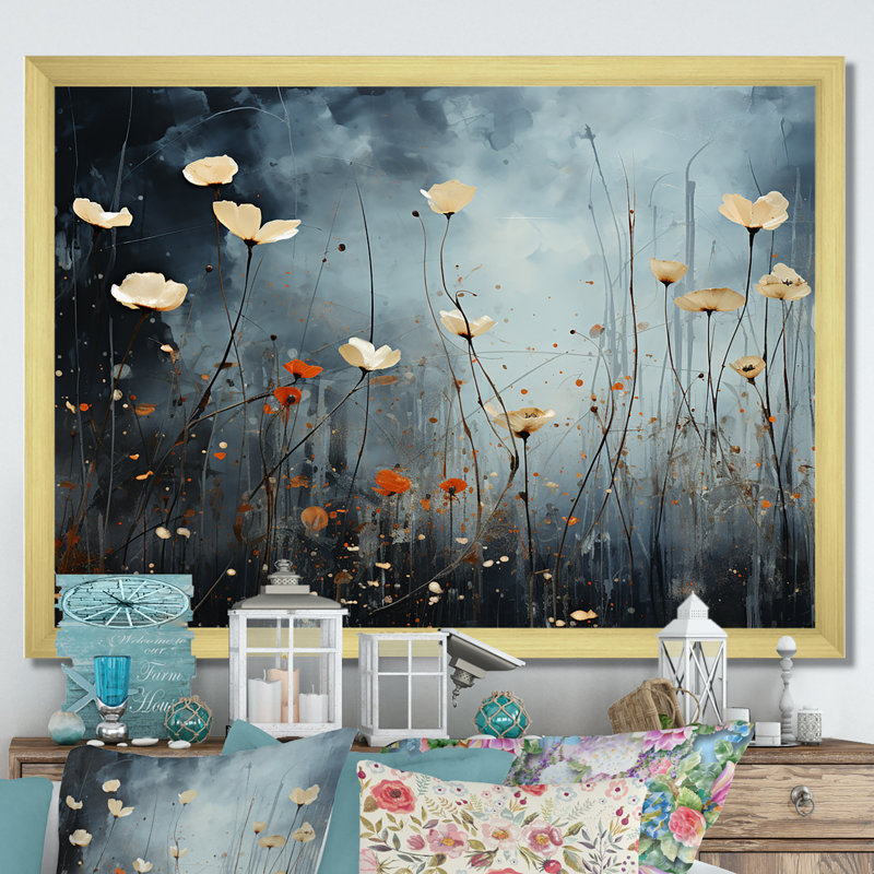 «Jade Flowers Field Enchantment I», reproduction sur toile, Cadre doré simple, H 16 po x l 32 po x P 0,5 po