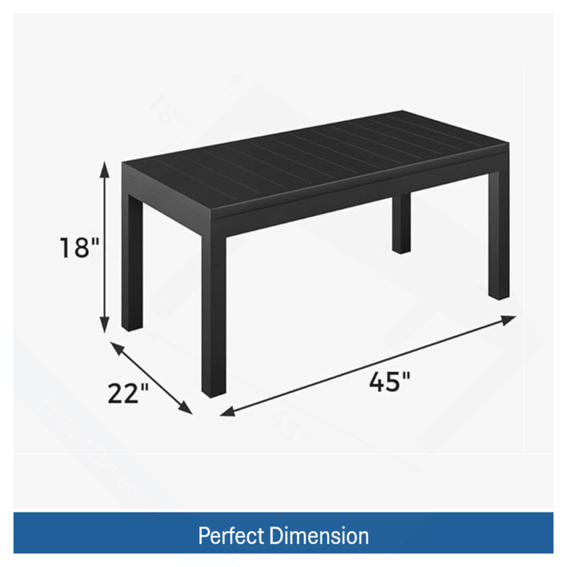 45" All-Weather Aluminum Outdoor Coffee Table, Slatted Black Patio Side Table