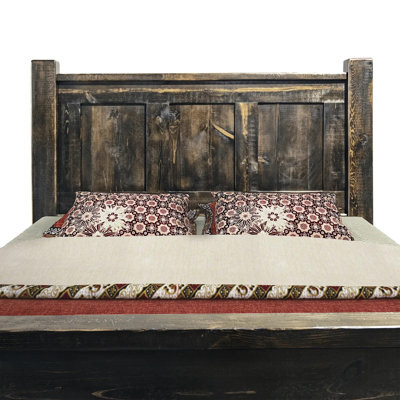 Kishea Collection Blackstone Panel Bed w/ Forged Iron Accents, Queen - Jacobean Stain and Clear Lacquer Finish
