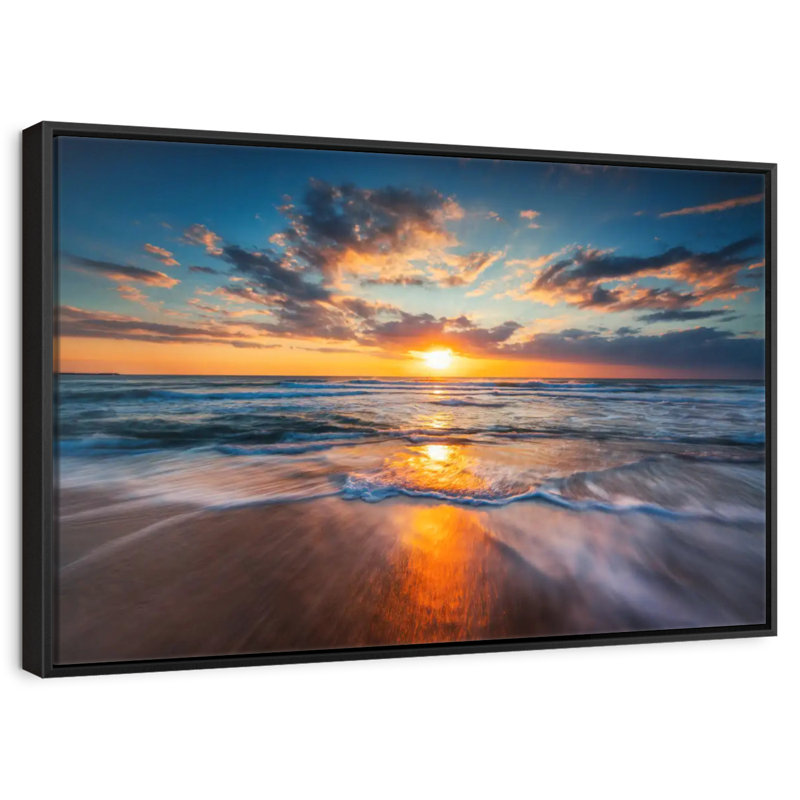 Été, océan, lever de soleil, Cadre flottant noir, 31 po x 21 po