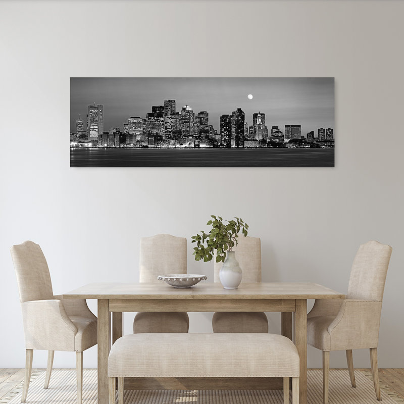 USA Massachusetts Boston Panoramic view of a city skyline at night 1 Piece Wrapped Canvas Panoramic Wall Art