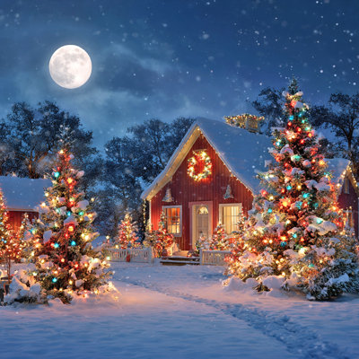 «Snowfall at the Red Cottage Winter Lights», art mural sur toile