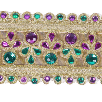 2.5" x 5yd Gold Metallic Wired Ribbon with Purple and Green Mardi Gras Jewels. Gold Metallic Backing. Measuring 2.5 inches in width and 5 yards in length, it's perfect for a variety of festive projects.