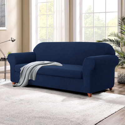 2 Piece Jacquard Sofa Cover, Polyester Spandex Stretch Couch Slipcover for Living Room, Easy Install & Washable Furniture Protection (LoveSeat, Navy)