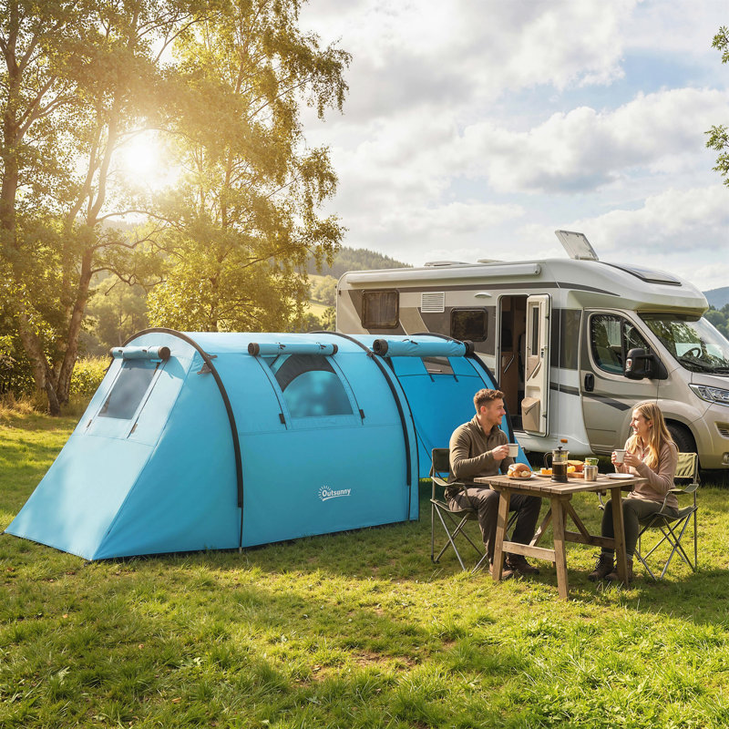 Tente de camping pour 3 à 4 personnes avec 2 chambres, tente familiale imperméable, Bleu ciel
