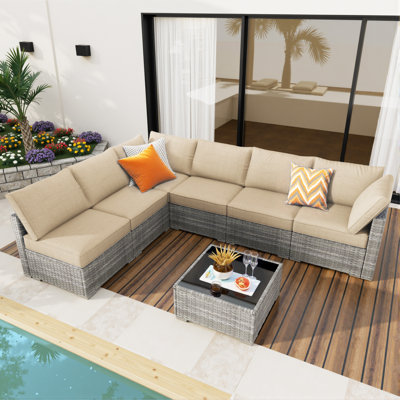 6 - Person Patio Furniture Set, Outdoor Wicker Rattan Sectional Seating Group With Cushions, All Weather Sofa Conversation Set With Coffee Table For Garden Backyard