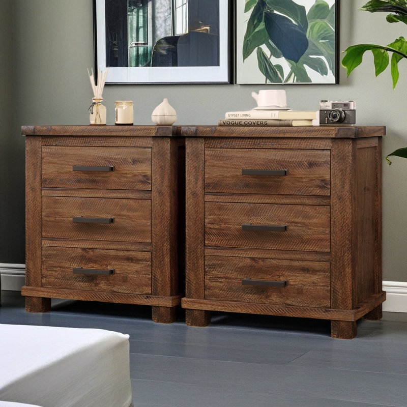 Ensemble de table de chevet rustique en bois massif récupéré à trois tiroirs Rustic