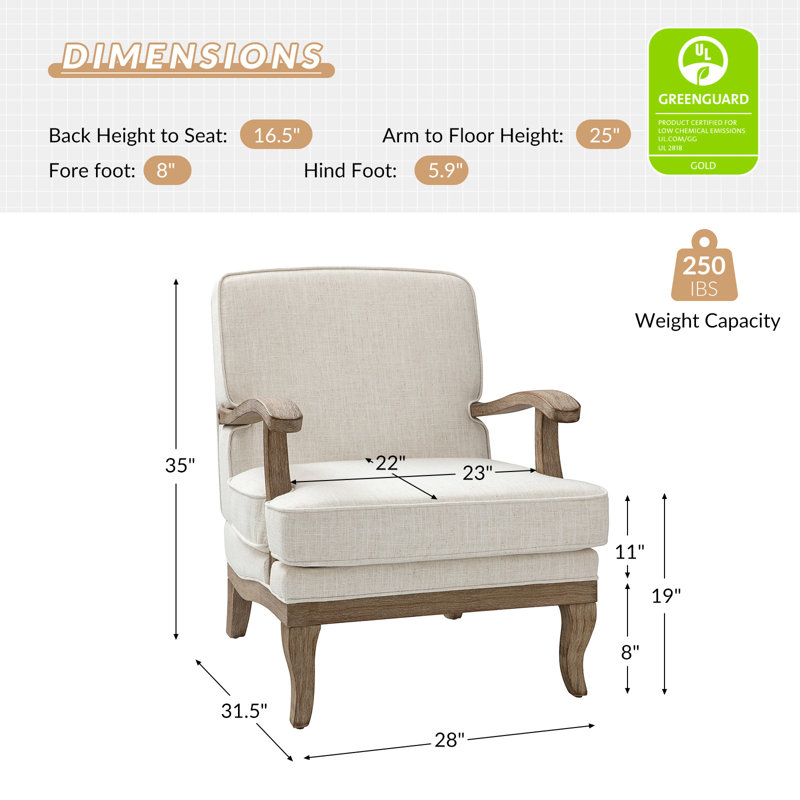 Amilio 28" W Farmhouse Polyester Armchair with Solid Wood Legs, Ivory