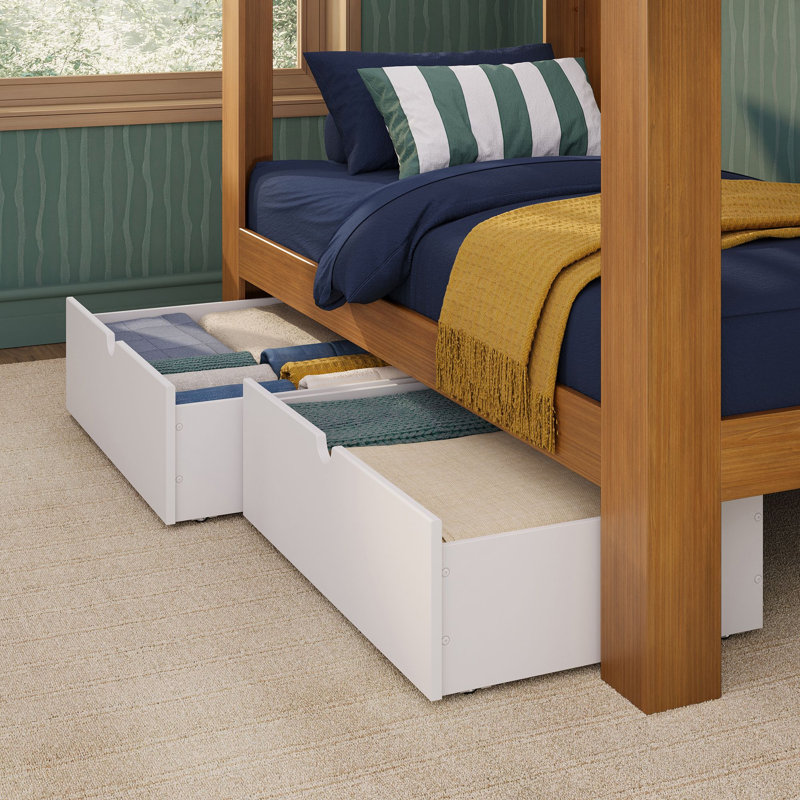 Mid-Century Modern Twin Over Twin Bunk Bed w/ Storage Drawers, Pecan/White, Pecan/White
