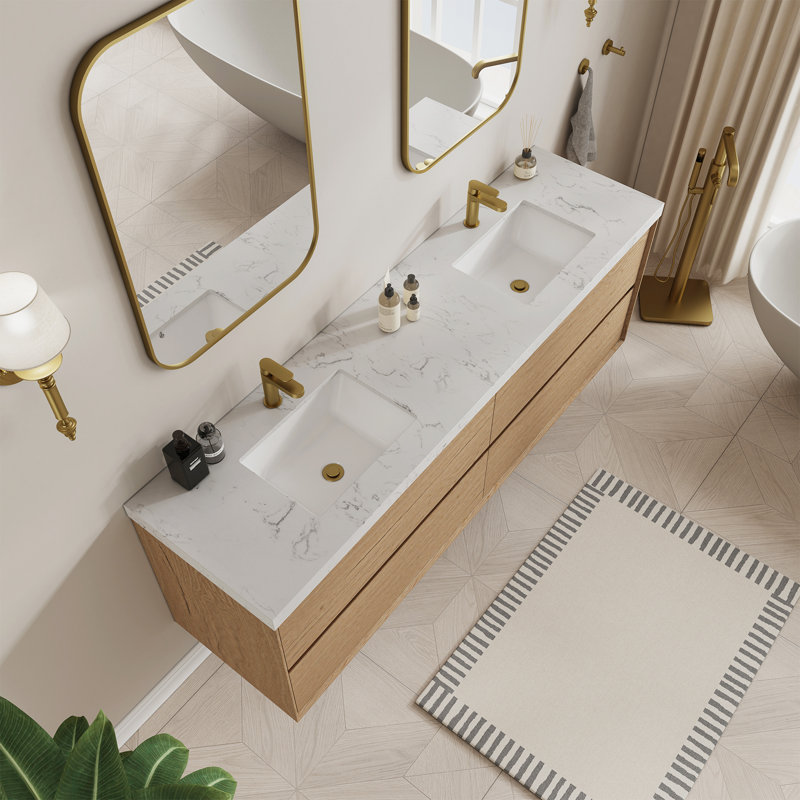 Solenne 72 In. Double Sink Wall Mounted Floating Bath Vanity In Natural Oak With White Carrara Engineered Stone Top, 72"