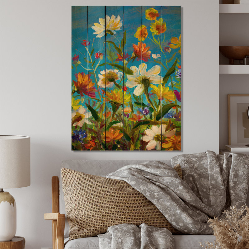 Fleur d'été II - décoration murale traditionnelle en bois, H 36 po x l 24 po x P 1 po