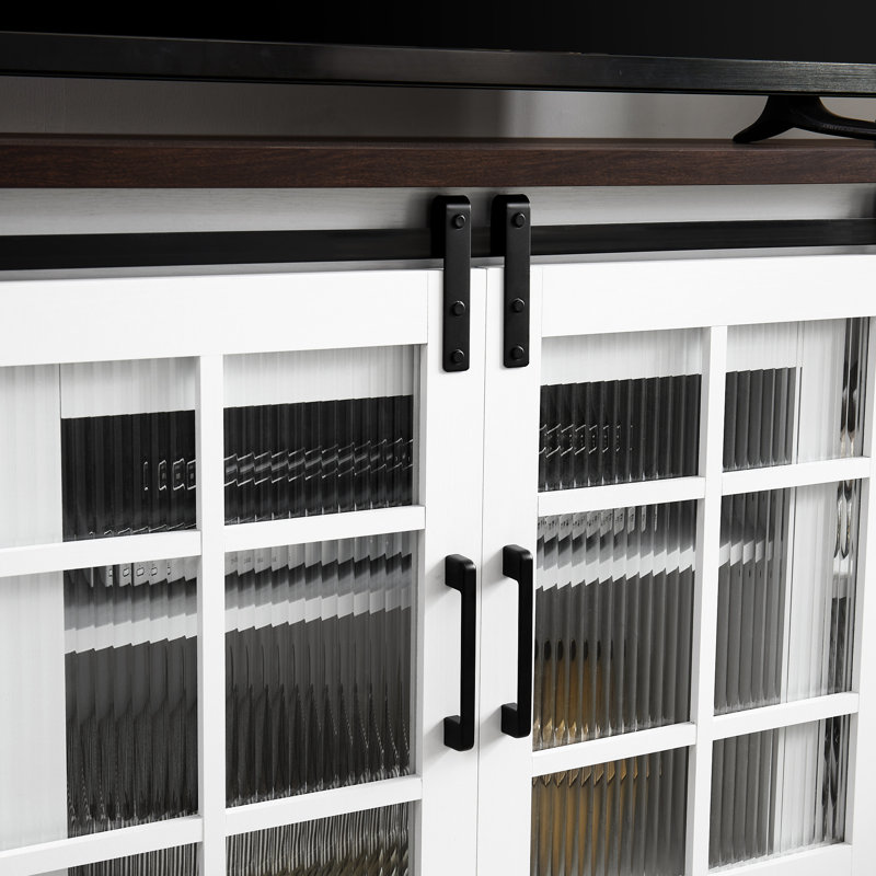 Console blanche et brune avec portes coulissantes et espace généreux pour les téléviseurs de 65 po