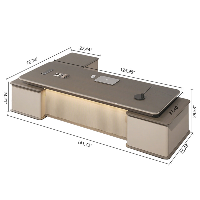 Bureau de direction d'angle luxueux et lumineux de 360 ​​cm (141,73 po) – Plateau incurvé Cosmos en MDF, rangement latéral, passe-câbles pivotant, bureau moderne pour chef de bureau / bureau de direction haut de gamme pour gestionnaire de bureau