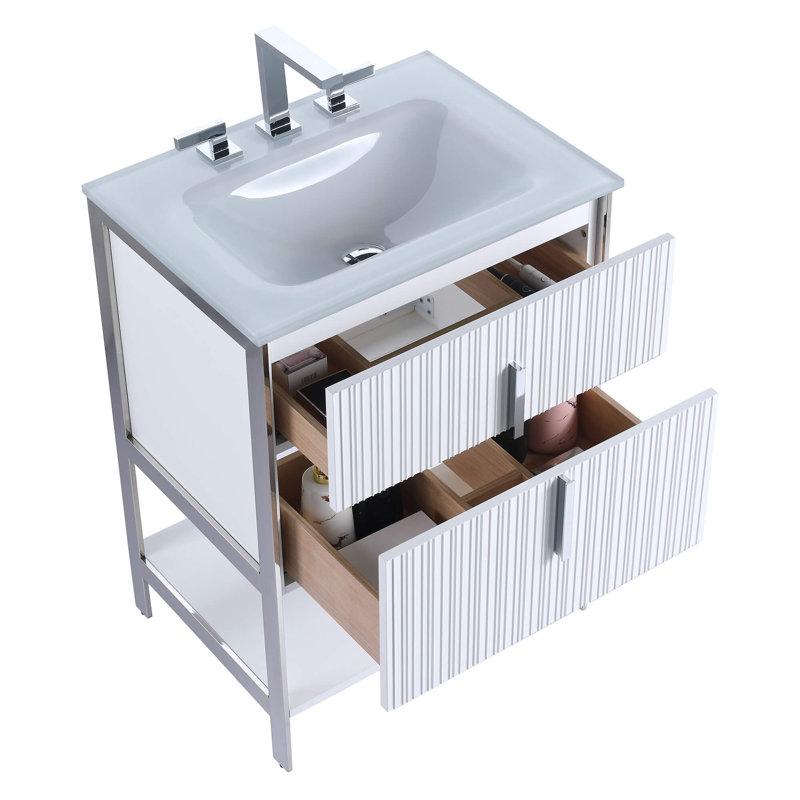 Mirutil Single Bathroom Vanity with Top, Chrome, White Matte