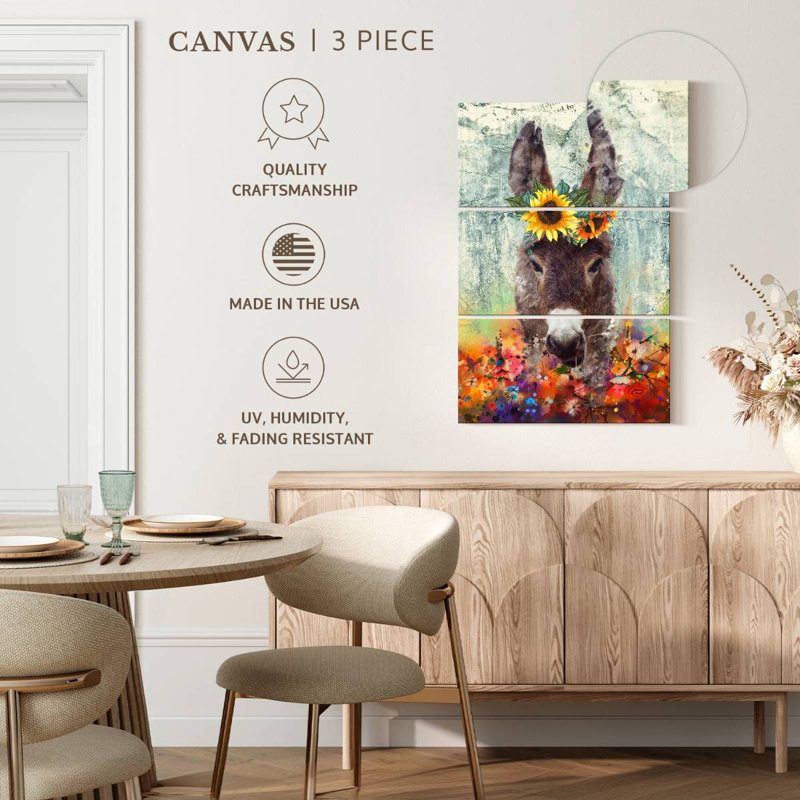 Donkey Floral Crown - 3 pièces de toile tendue, H 38 po x l 24 po x P 1,25 po
