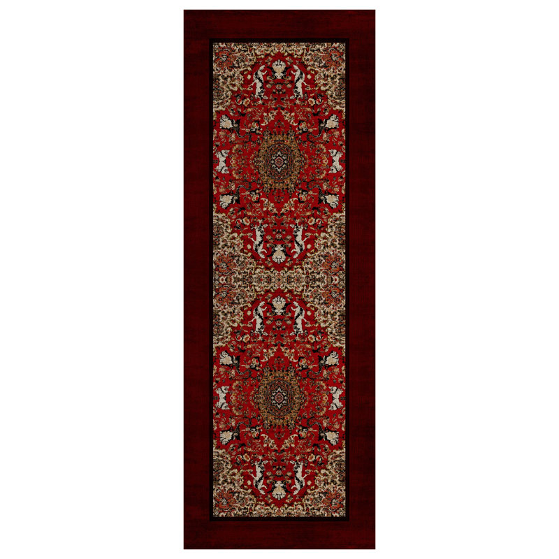 Guria Red/Burgundy Oriental Machine Printed Cotton Chenille Area Rug, Rectangle 6'7" x 10'6"