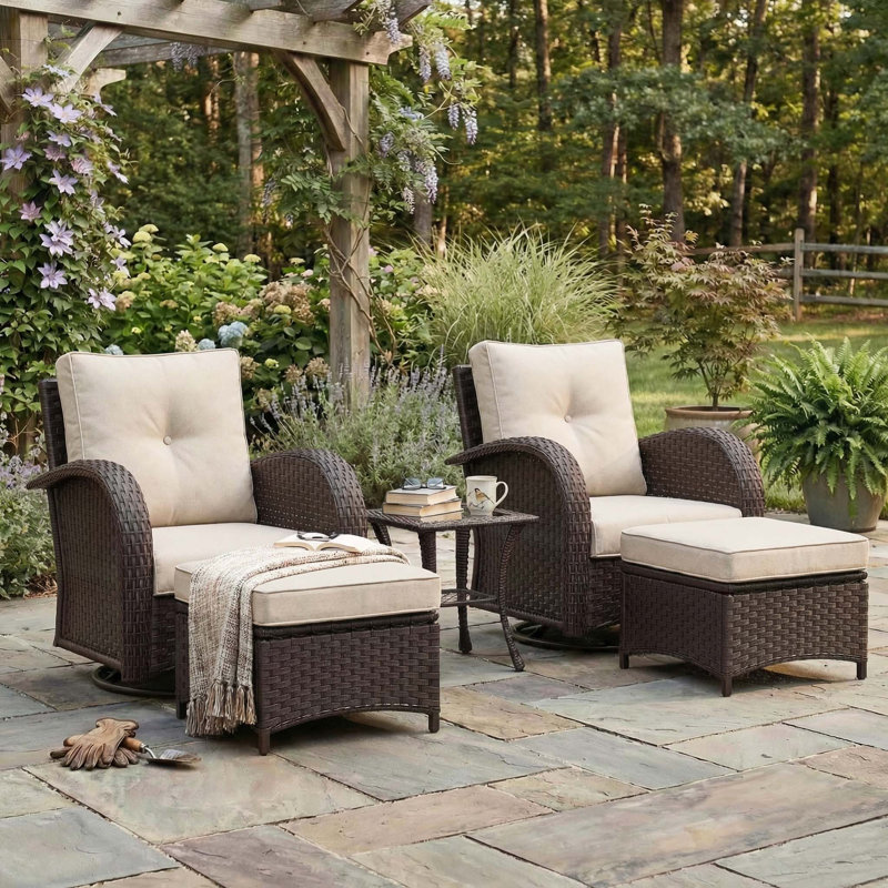 Layinsun 5 Pieces Outdoor Patio Furniture Set, Rattan Wicker Swivel Chair With Ottoman, Brown, Beige