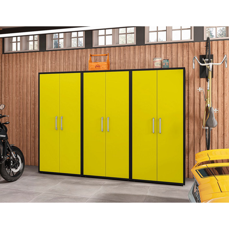 Eiffel 35" Modern Garage Storage Cabinet Set with Adjustable Shelves in Yellow, Black/Yellow