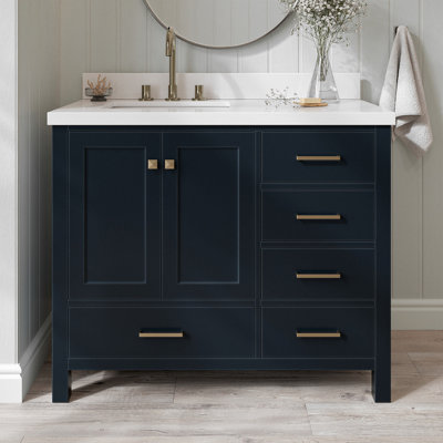 Cambridge 43'' Solid Wood Single Bathroom Vanity in Midnight Blue, with 1.5'' Pure White Quartz Top, Left Offset, Rectangle Sink