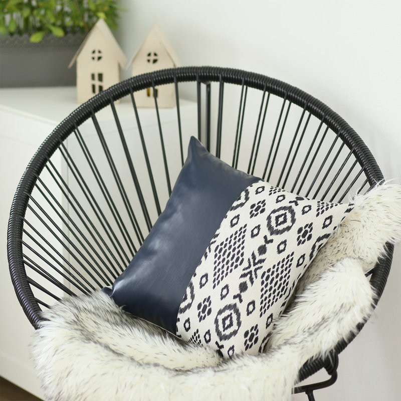 Navy Blue and Ivory Geometric Faux Leather 17" Pillow Cover