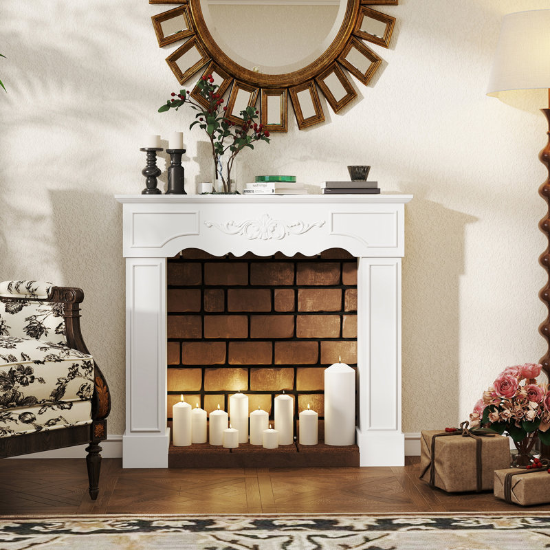 Baroque Fireplace Mantel, Freestanding Fireplace Surround with Leg for Electric Fireplaces, 43.3" W x 39.8" H, White,wood