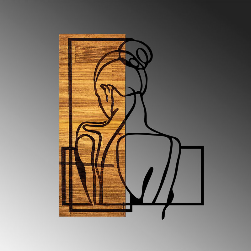 Accessoire décoratif mural en bois, 39 x 1,2 x 19,7 po | 50% bois (0,8 po d'épaisseur), 50% métal (0,06 po d'épaisseur) | Finition noire et noyer clair | Art mural unique avec dispositif de suspension, parfait pour la décoration intérieure