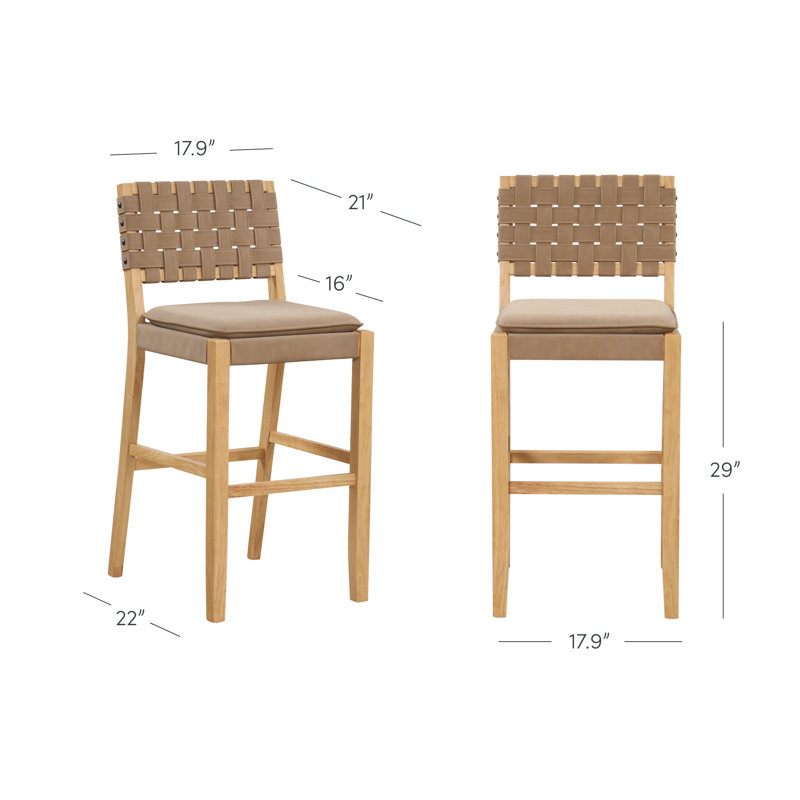  Upholstered Stool, 2, Bar Stool (29" Seat Height), Light Brown Leather/Warm Pine Frame