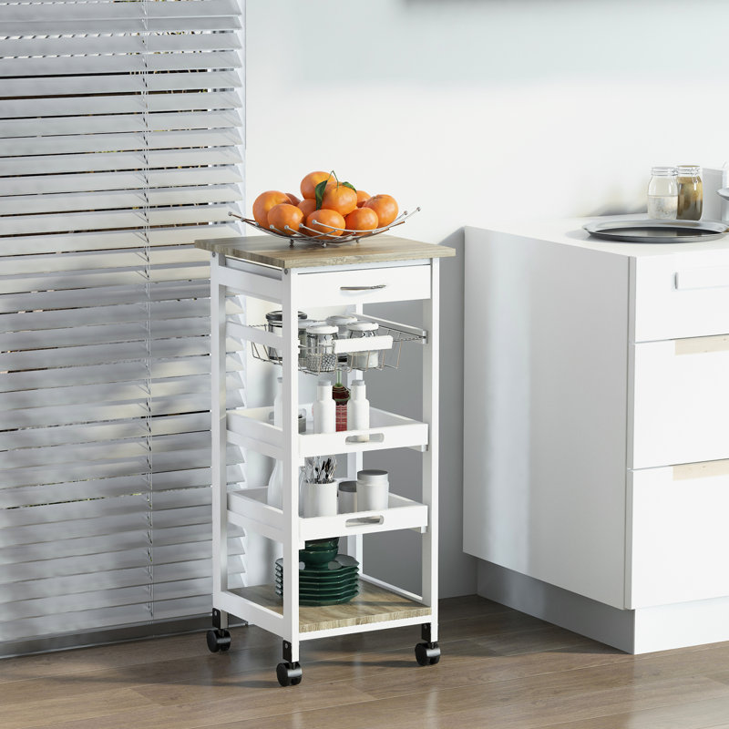 Chariot de cuisine avec cadre de rangement en bois massif blanc pour divers articles, fruits, légumes et épices