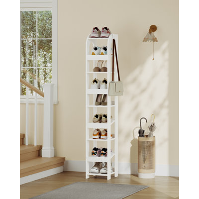 Vertical Shoe Rack, Shoe Shelves for Small Space, Freestanding Closet Wooden Shoes Organizer with Hooks, Adjustable Shoes Tower for Entryway, Living Room, White 9 Tier(25W cm) 