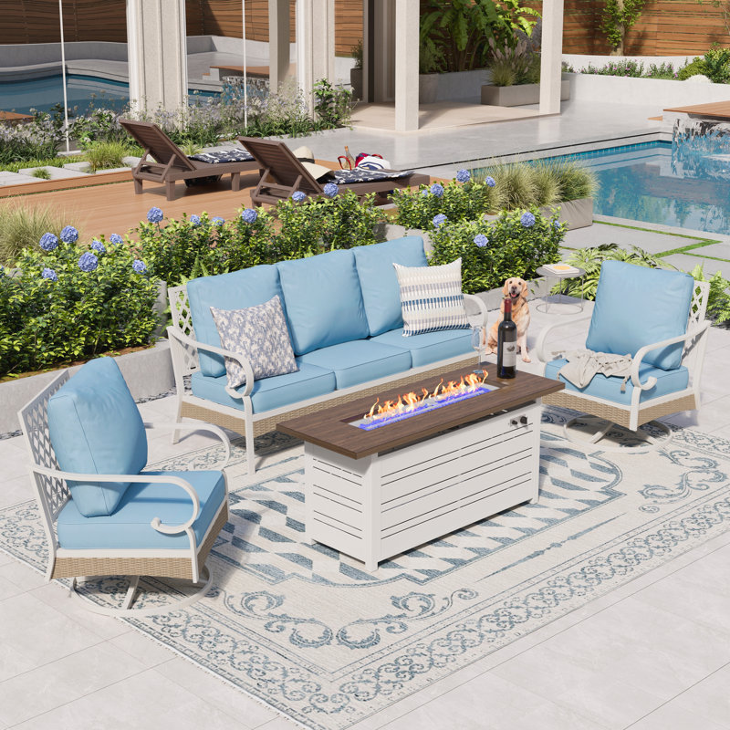 5 Person Outdoor Conversation Set With Swivel Lounge Chairs & Fire Pit Table, Black/Blue/Black