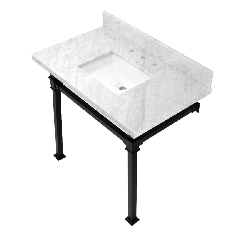 Lavabo console en marbre Carrara de 36 pouces avec pieds en acier inoxydable Kingston Monarch Kingston (8 pouces, 3 trous)