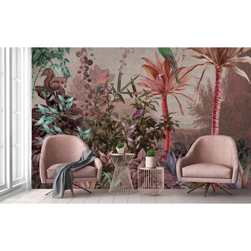 Papier peint jungle enchantée, oiseaux tropicaux et feuillage, L 110,04 po x l 122 po, Rose