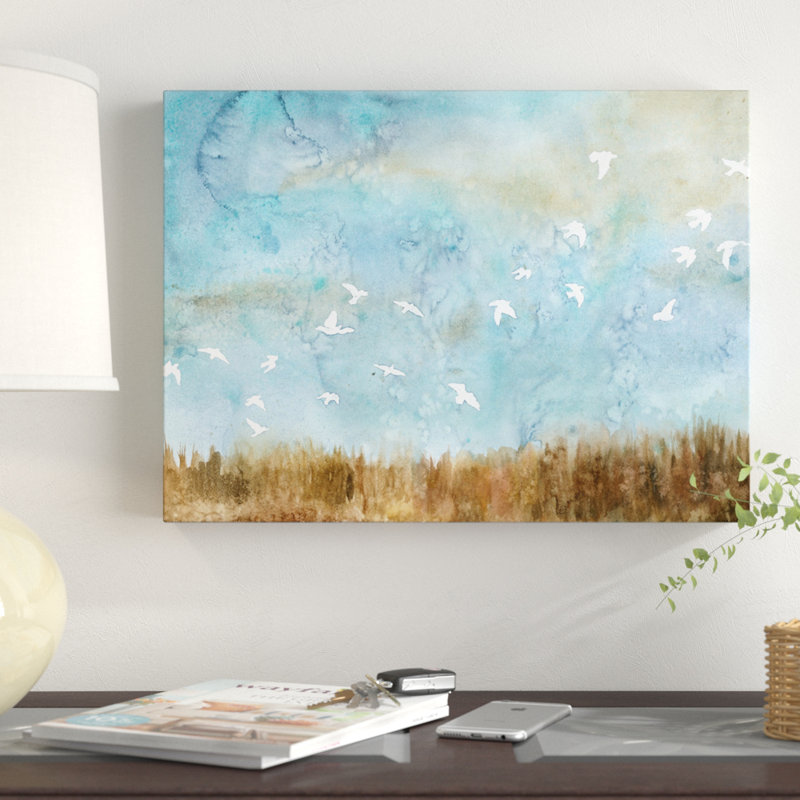«Birds in Flight I», reproduction de peinture acrylique sur toile tendue, H 14 po x l 19 po x P 2 po