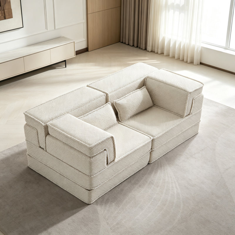 Canapé-lit modulaire blanc Mahjong, canapé d'angle convertible sans structure avec mousse à mémoire de forme, tissu polaire à motifs, aucun assemblage requis pour le salon et l'appartement