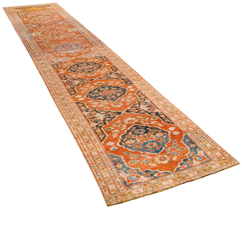 Tapis unique en laine beige / orange 3 pi 3 po x 14 pi 2 po années 1990