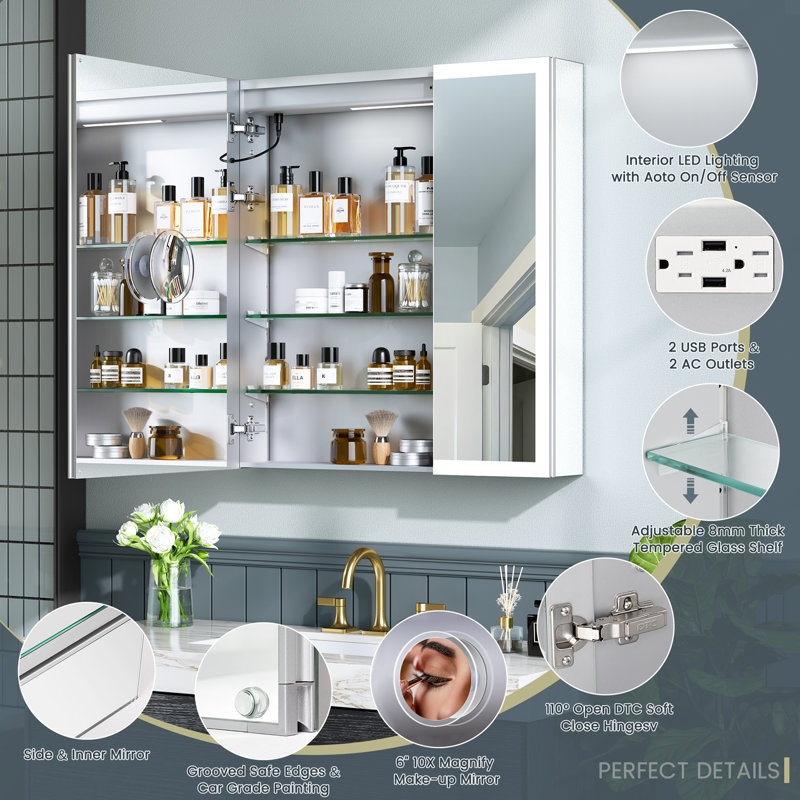 Recessed or Surface LED Mirror Medicine Cabinet, Defogger, Touch Sensor, Dimmer, Outlets and USBs, 32" H x 30" W x 5.4" D