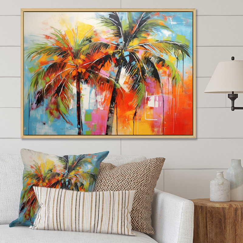 «Popart Palm Trees I», reproduction d'art sur toile Palm Trees, H 34 po x l 44 po x P 1,5 po, Cadre flottant érable