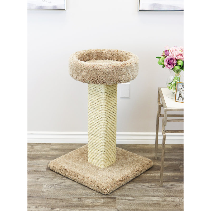 Beige Sisal Rope and Wood Cat Scratching Post with Perch