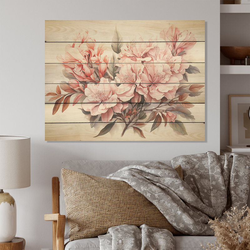 Rhododendron Minimalism Dream I - Rhododendron Wood Art On Natural Pine Wood, 10" H x 20" W