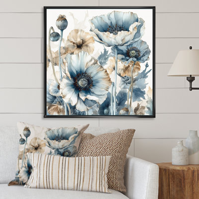 «Vibrant Blue White Peony Flower II», reproduction sur toile encadrée