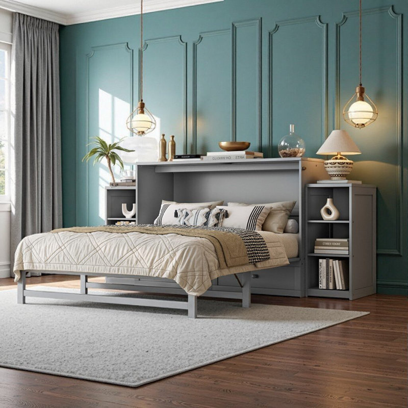 Armoire pour grand lit escamotable avec tiroirs et tablettes de rangement - Solution d'économie d'espace gris clair