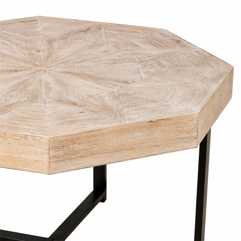 Table basse en bois octogonale rétro avec patchwork de 30 pouces en bois, Chêne, bois naturel / noir
